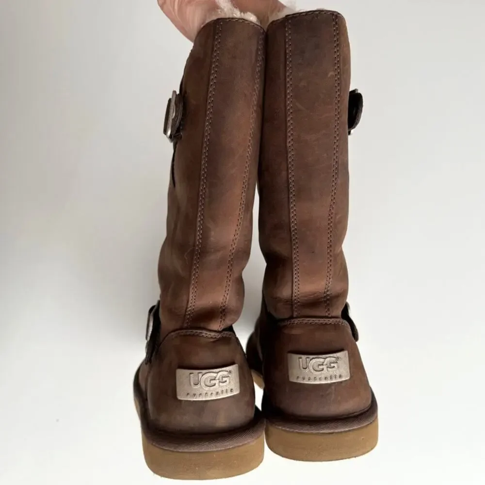 Ugg Kensington EUC‎ Pull On Two Buckle Brown Nubuck Shearling Mid Calf Boots 6